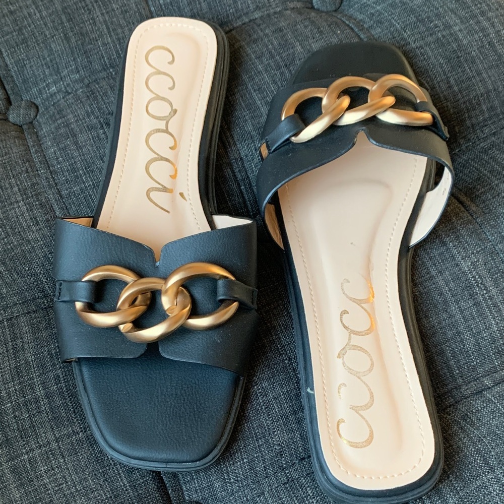 Black Slide Sandals with Gold Chain Detail